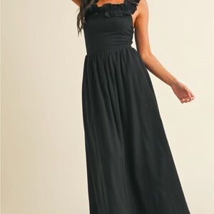 BLUIVY BLACK RUFFLE SQUARE NECKLINE MIDI DRESS